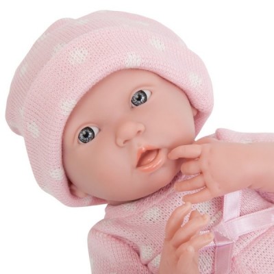 JC Toys La Newborn 15" All Vinyl Realistic Anatomically Correct Real GIRL Baby Doll in pink with white polka dot knitted romper   551882428
